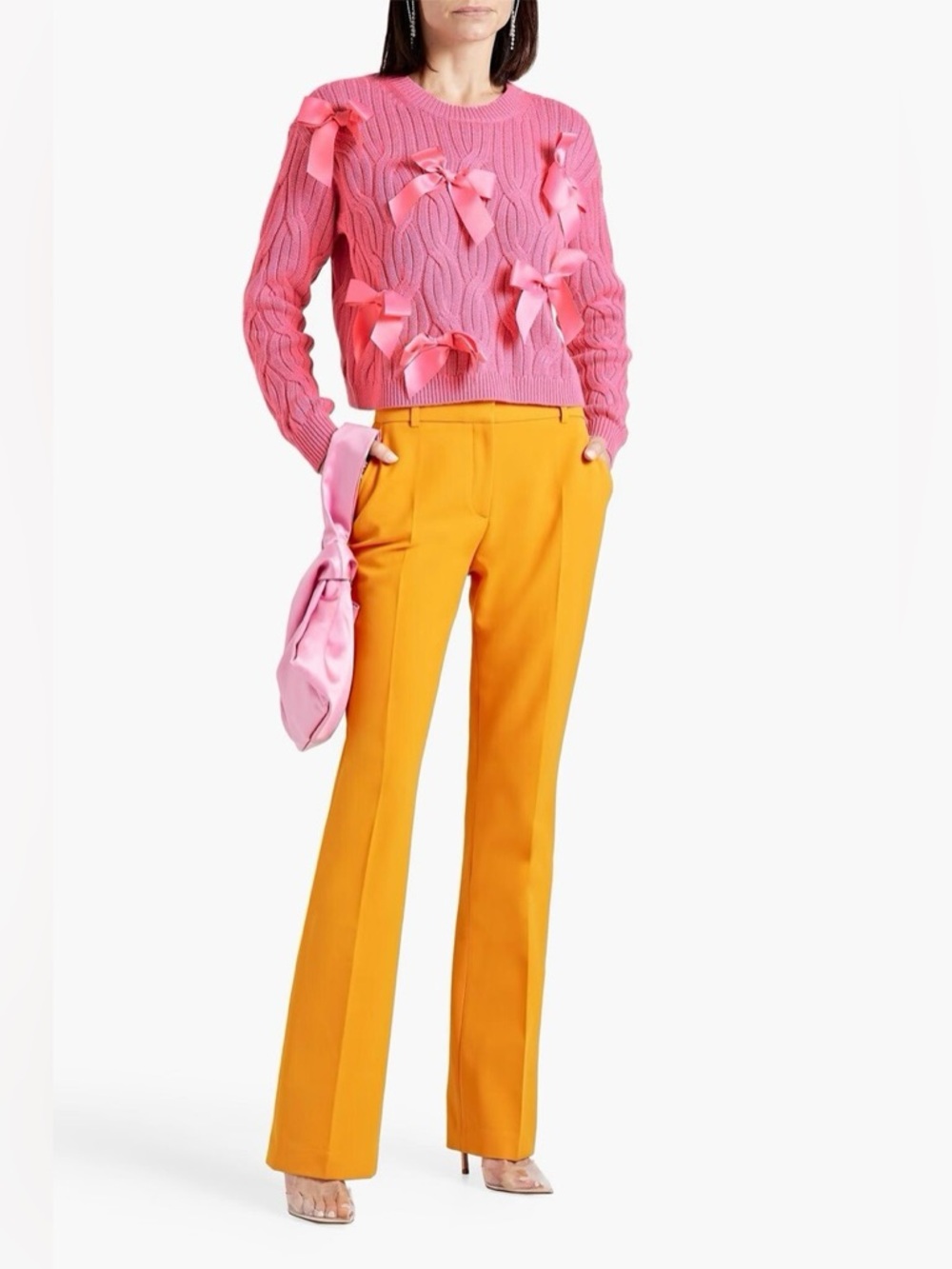 Alice and Olivia Pink Beau Relaxed Fit Bow Detail Cable Sweater Sz S